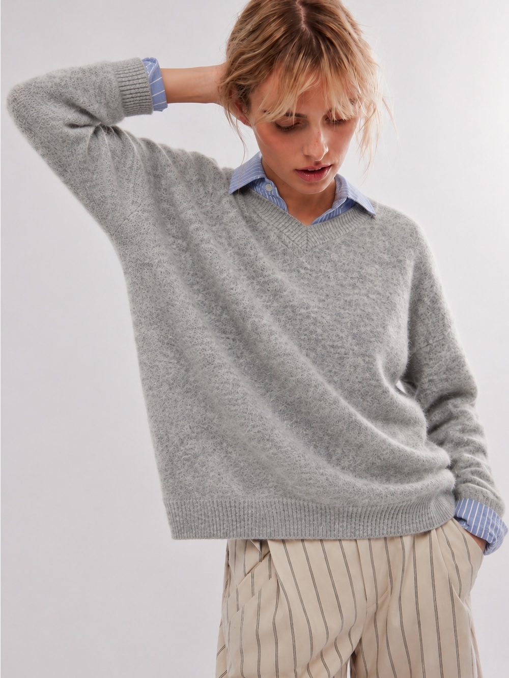 Free People Fuzzy Cashmere Soft V Neck Pullover Sweater
